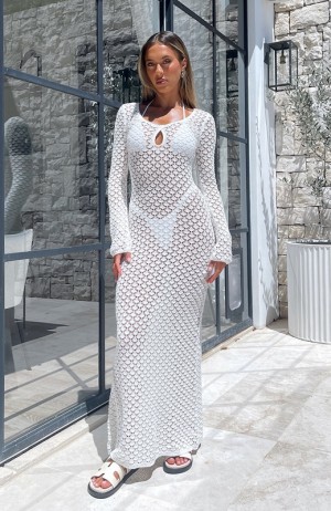 Women's White Fox Embrace It All Long Sleeve Maxi Dress White | HDRS-75638