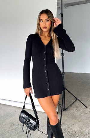 Women's White Fox Live In The Moment Long Sleeve Mini Dress Black | HZIA-93106