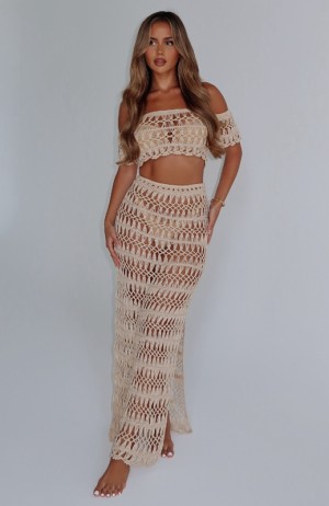 Women's White Fox On Island Time Crochet Maxi Skirts Cream | HVMF-29386