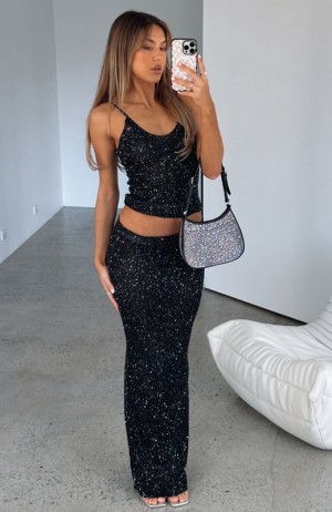 Women's White Fox Star Shining Sequin Knit Maxi Skirts Black | QCMS-57613