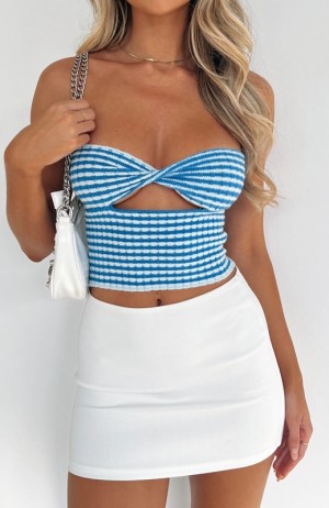 Women's White Fox Time After Time Strapless Crop Tops Blue | LSAM-67284