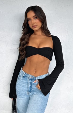 Women's White Fox What About Me Long Sleeve Crop Tops Black | HTZF-75934