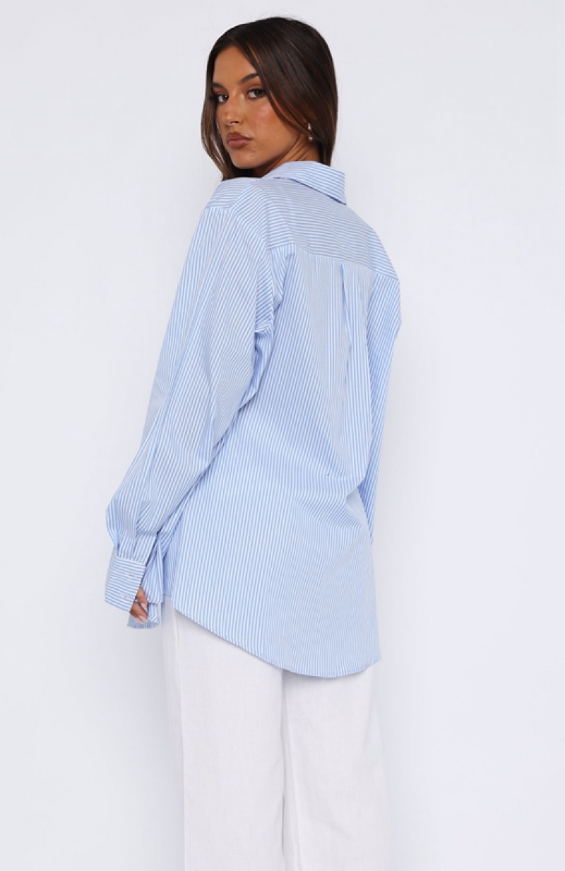 Women's White Fox Always About Us Striped Button Up Shirts Light Blue | POVA-06389