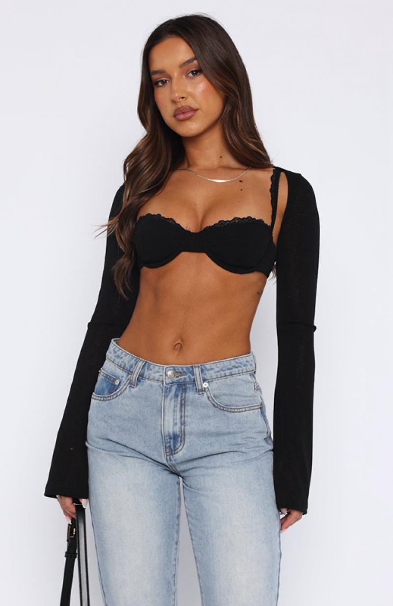 Women's White Fox Amaze Me Long Sleeve Crop Tops Black | MVBA-08732