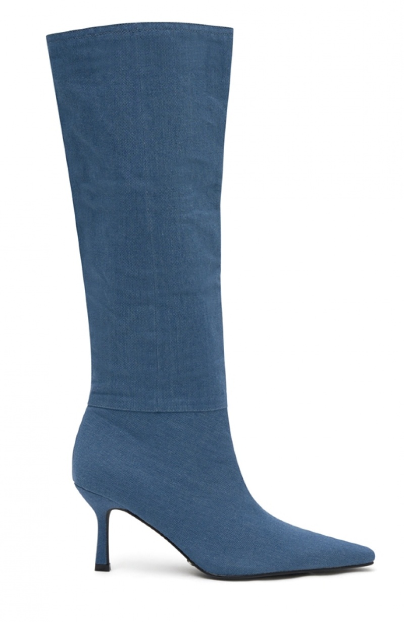 Women's White Fox Baby Blue Denim Knee High Boots Blue | TULA-26540