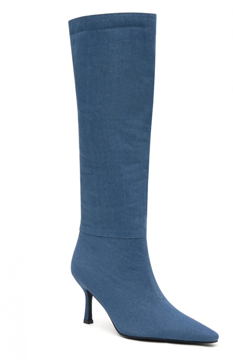 Women's White Fox Baby Blue Denim Knee High Boots Blue | TULA-26540