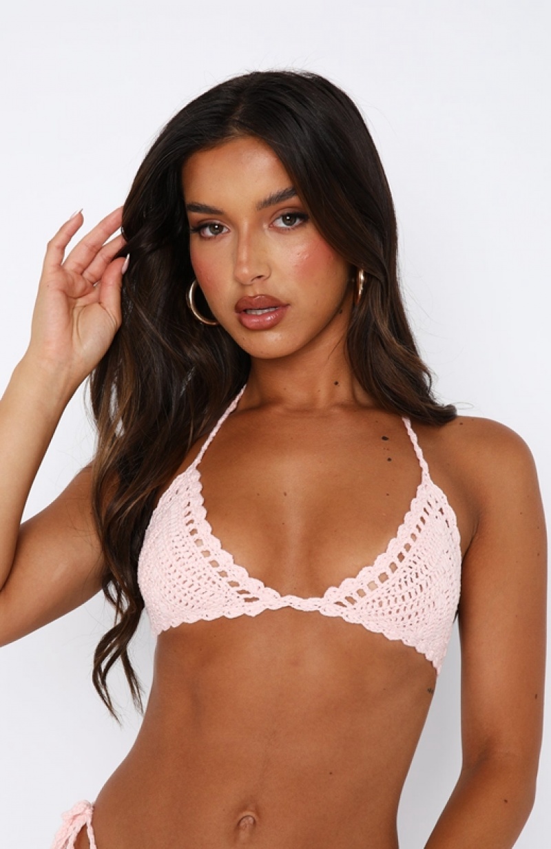 Women's White Fox Chasing Summer Crochet Bikini Tops Pink | HTWD-53624