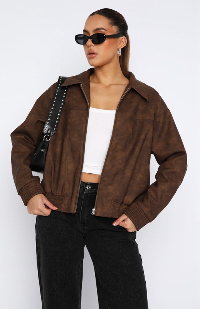 Women's White Fox Come Together PU Jackets Chocolate | GQKV-73401