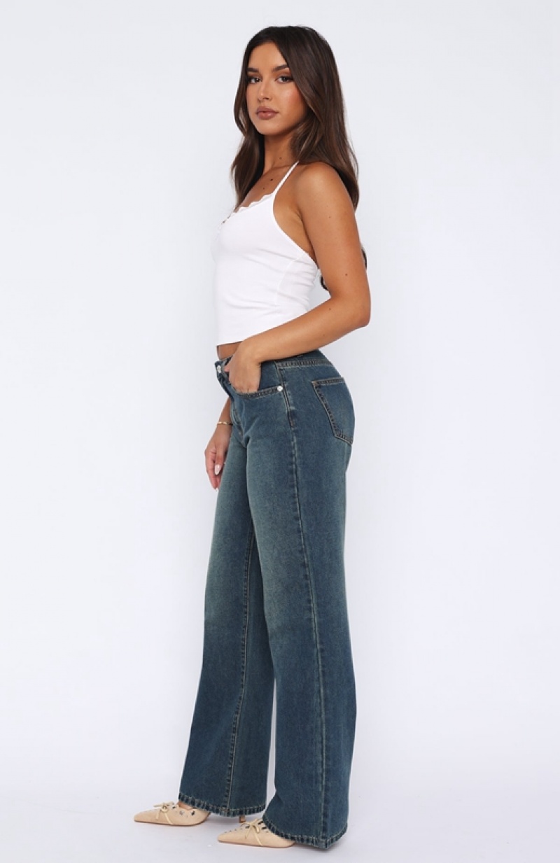 Women's White Fox Desire Mid Rise Straight Leg Jeans Blue | SDNU-23064