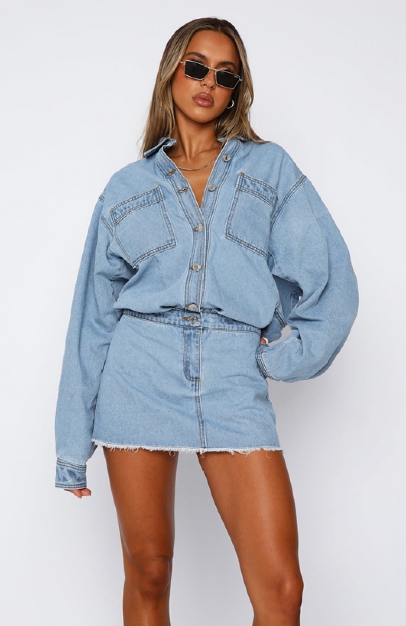 Women's White Fox Don't You Remember Long Sleeve Denim Dress Blue Wash | AFKO-48210