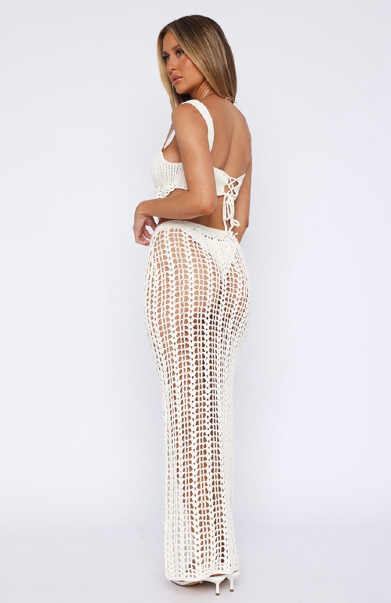 Women's White Fox Dream Oasis Crochet Maxi Skirts White | EICX-95670