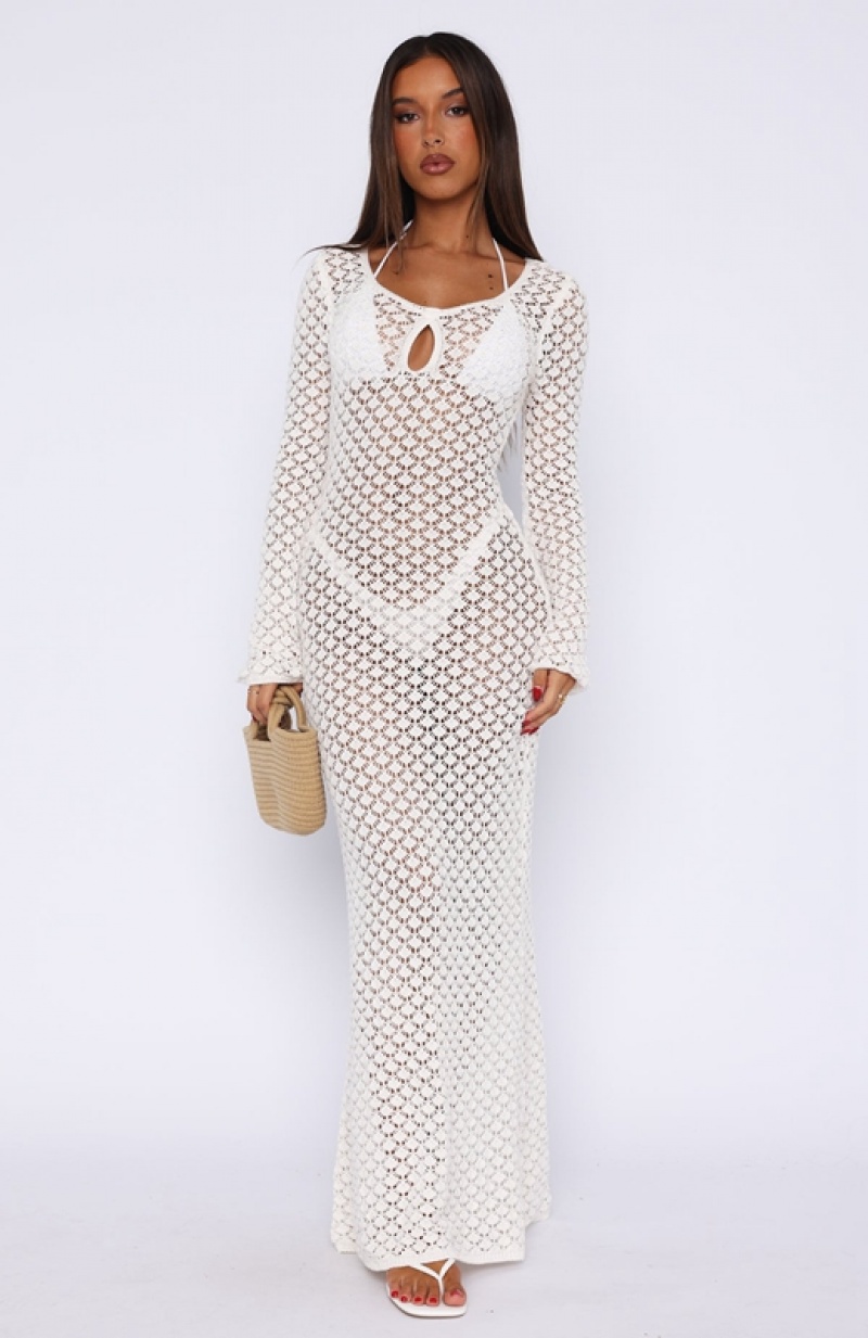 Women's White Fox Embrace It All Long Sleeve Maxi Dress White | HDRS-75638