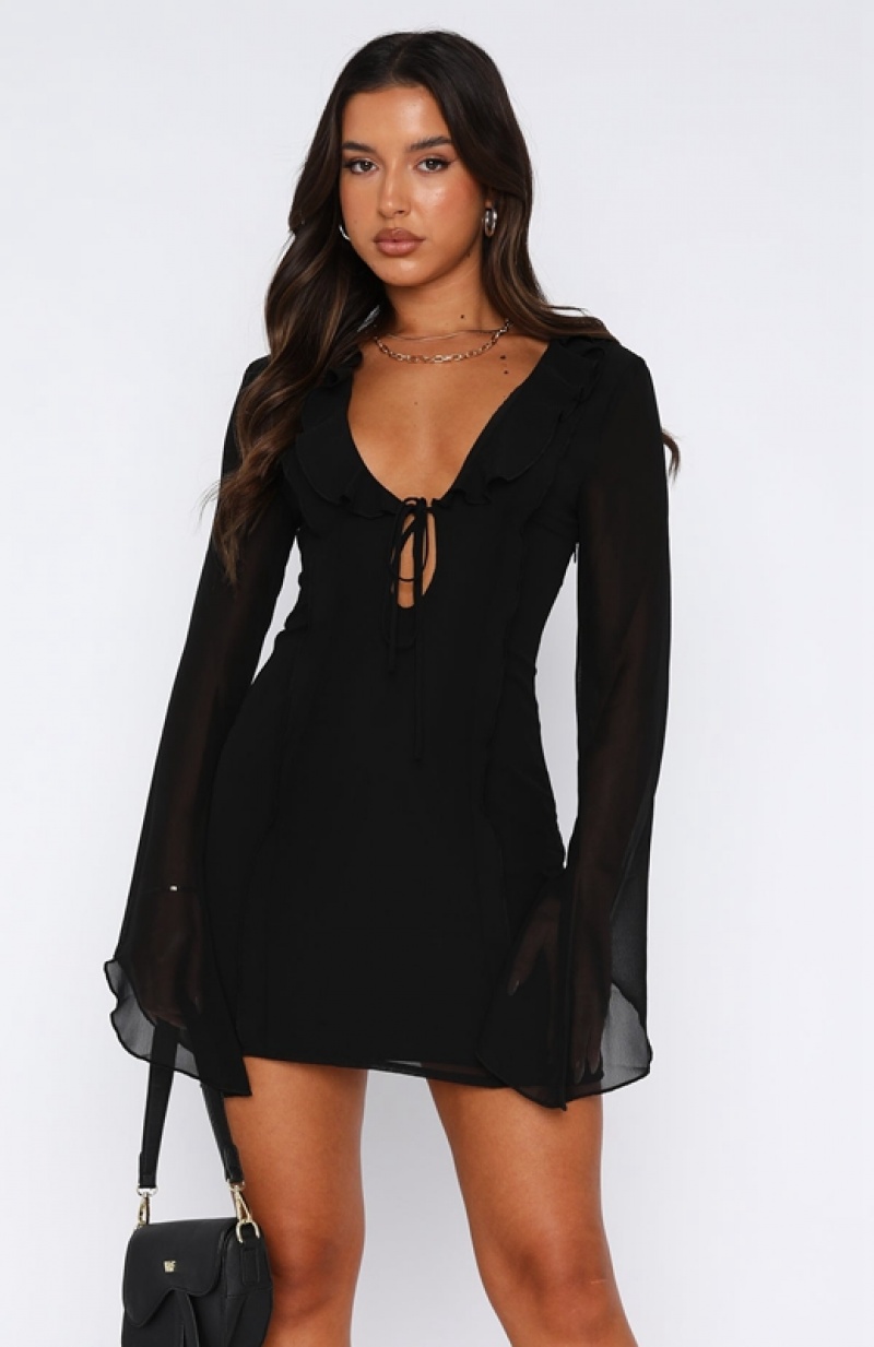 Women's White Fox Falling To Pieces Long Sleeve Mini Dress Black | EQIH-48732