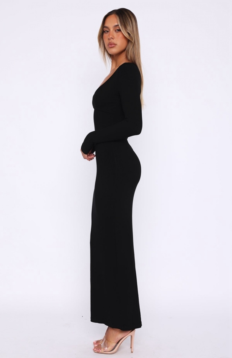 Women's White Fox Fresh Season Long Sleeve Knit Maxi Dress Black | VCMA-23761