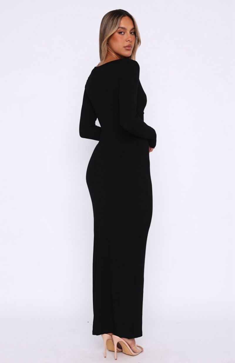 Women's White Fox Fresh Season Long Sleeve Knit Maxi Dress Black | VCMA-23761