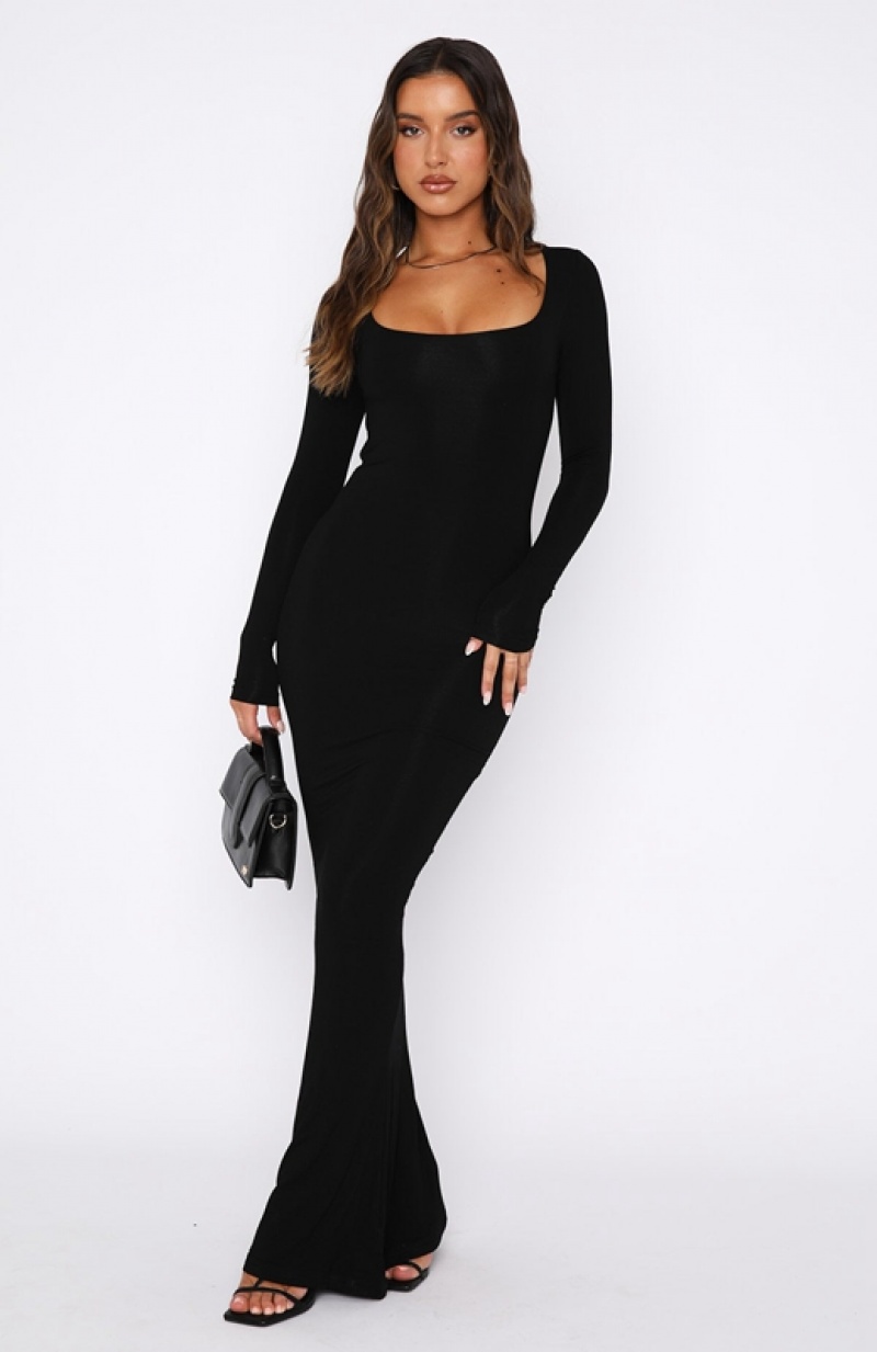 Women's White Fox Get My Attention Long Sleeve Maxi Dress Black | JLPO-45801