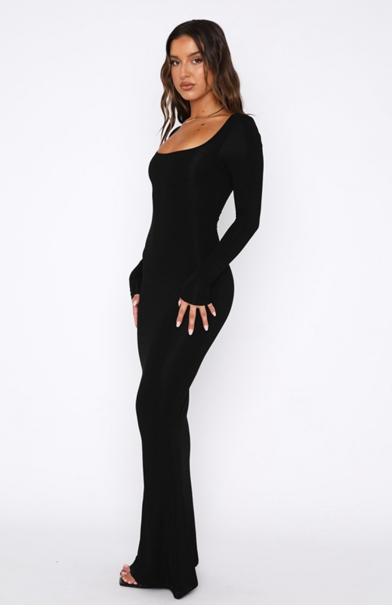 Women's White Fox Get My Attention Long Sleeve Maxi Dress Black | JLPO-45801