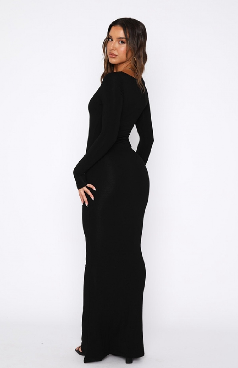 Women's White Fox Get My Attention Long Sleeve Maxi Dress Black | JLPO-45801