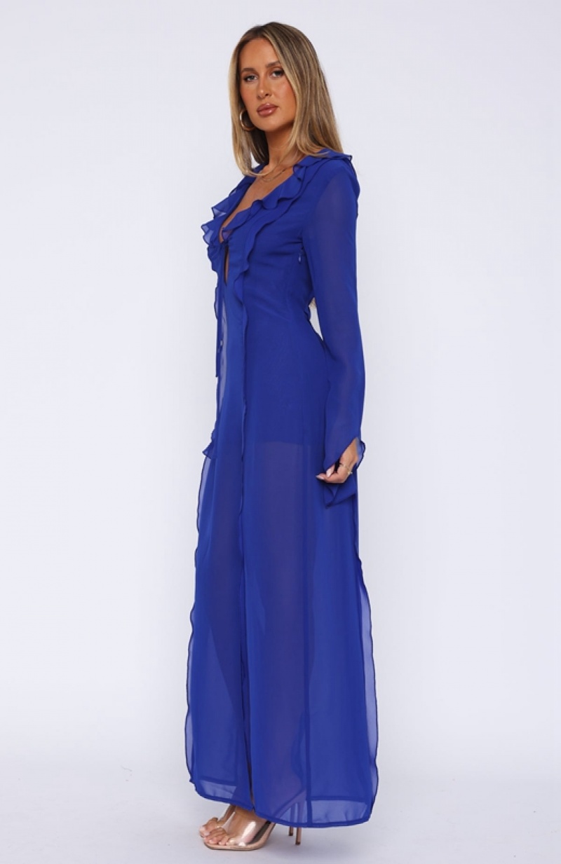 Women's White Fox Isle Of Paradise Long Sleeve Maxi Dress AZURE | DOKQ-14826