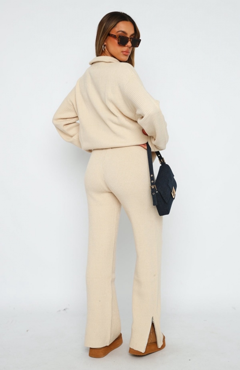 Women's White Fox Let's Get Cosy Knit Pants Beige | TIMB-16835