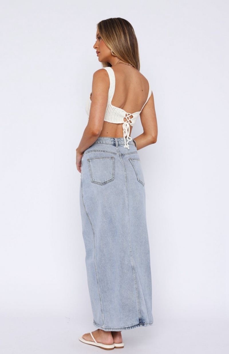 Women's White Fox Let's Take A Trip Denim Maxi Skirts Blue Light Blue | QXIE-74529