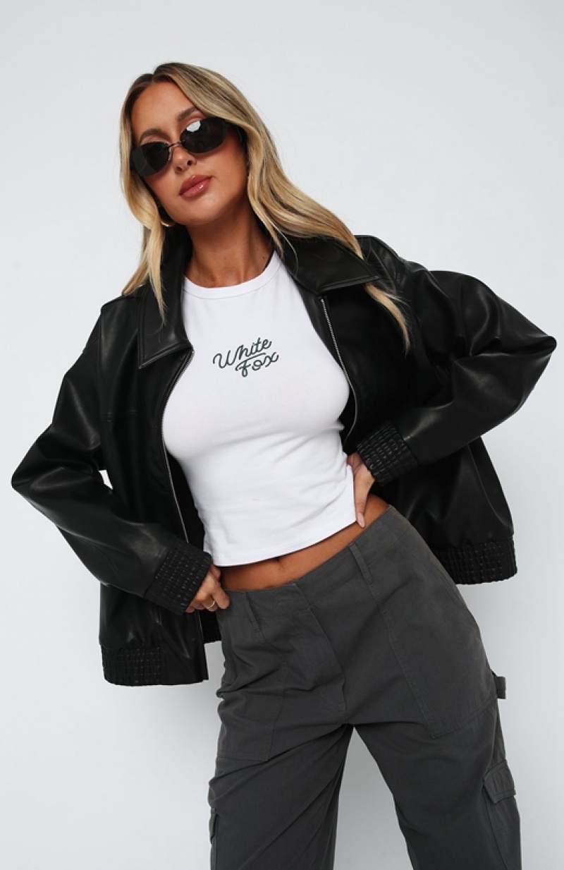 Women's White Fox Make Things Right PU Bomber Jackets Black | OYBU-59634