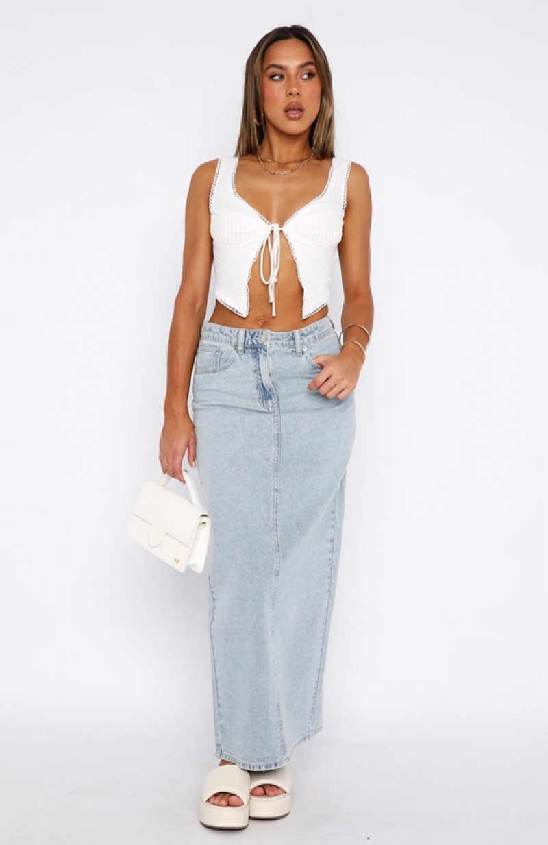 Women's White Fox Never Lose Denim Maxi Skirts Blue | VXPL-78932