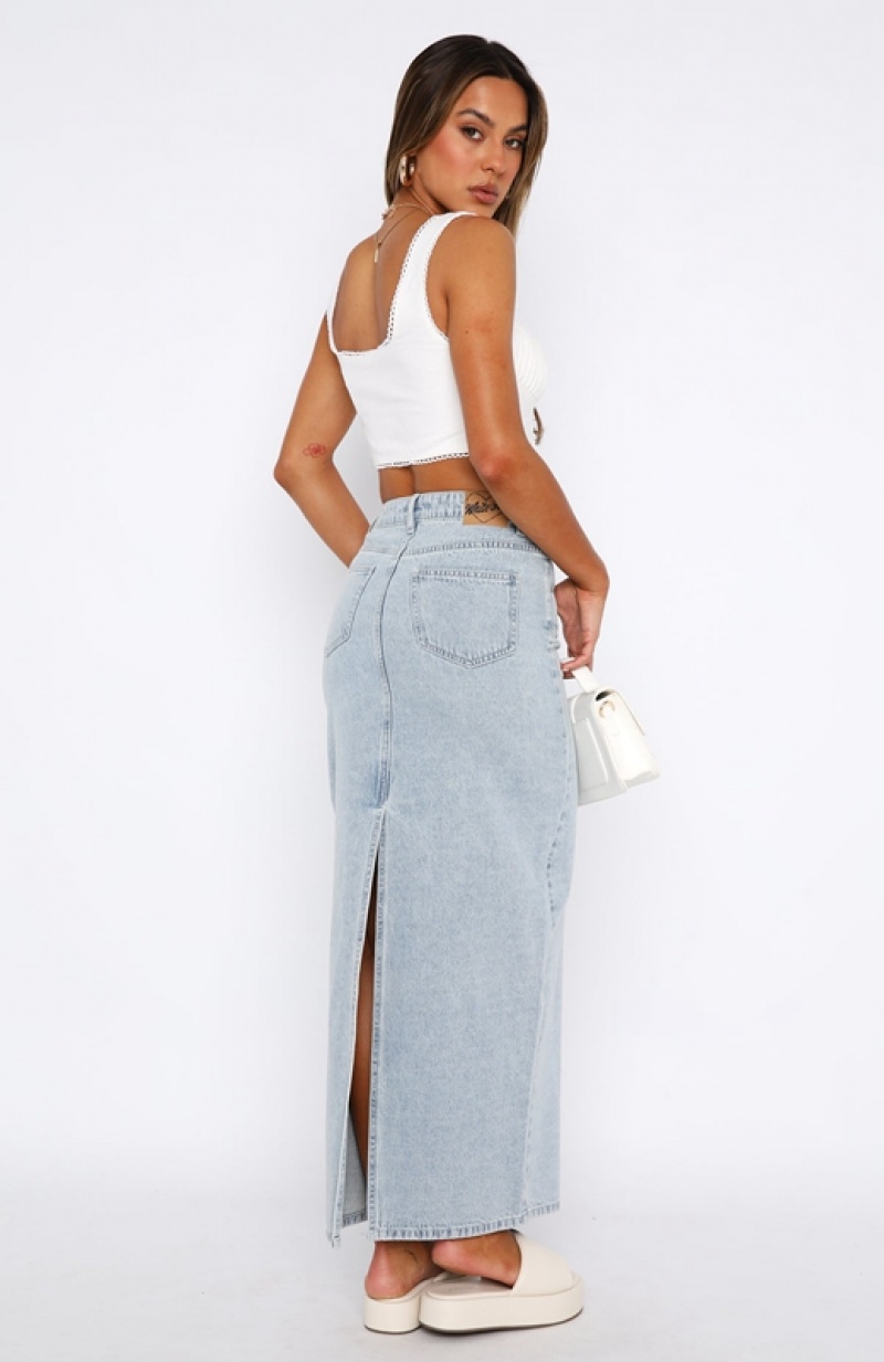 Women's White Fox Never Lose Denim Maxi Skirts Blue | VXPL-78932