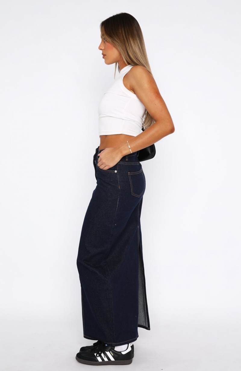 Women's White Fox Never Lose Denim Maxi Skirts Blue Indigo | JXDF-81394