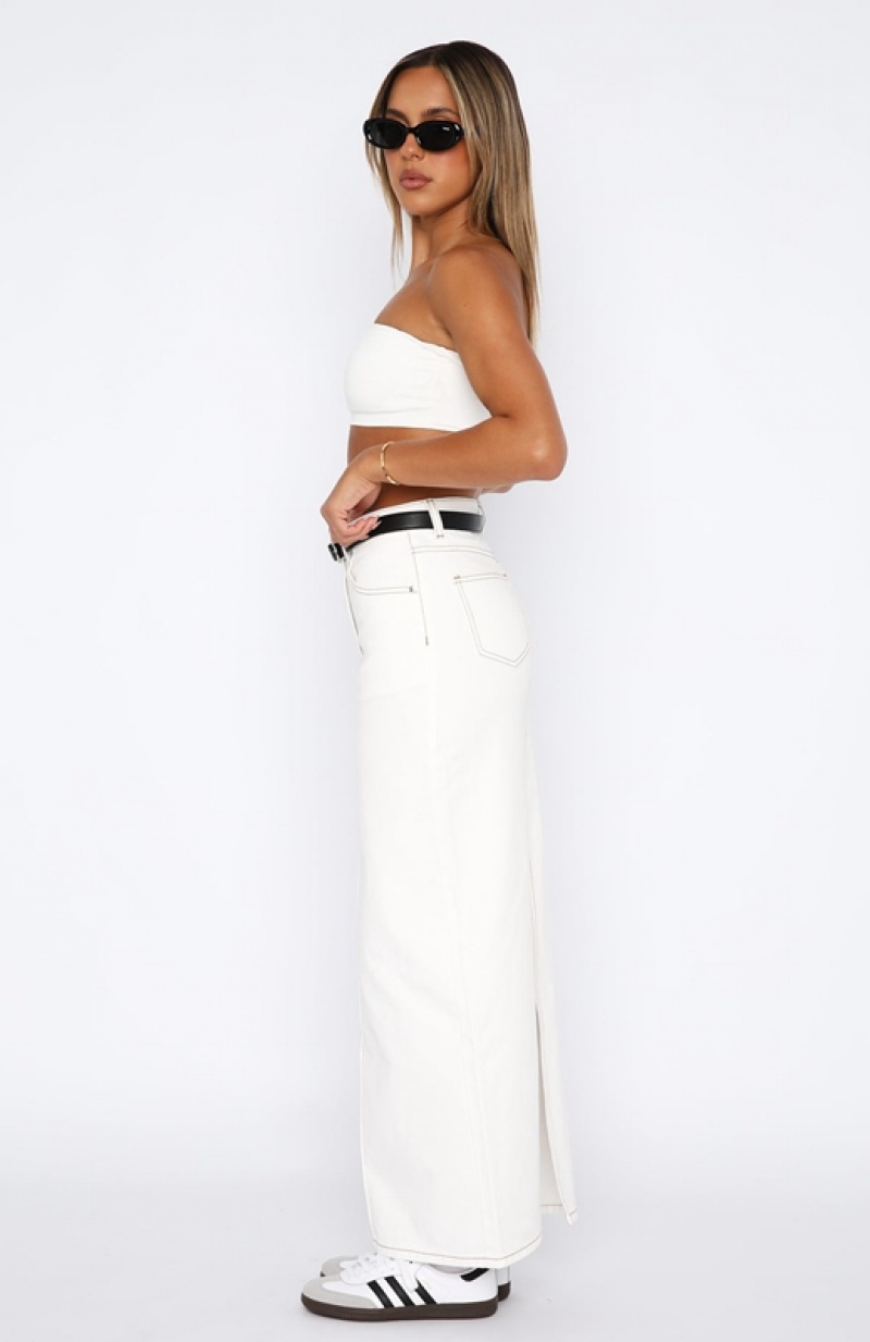 Women's White Fox Never Lose Denim Maxi Skirts Blue White | SBZV-47829