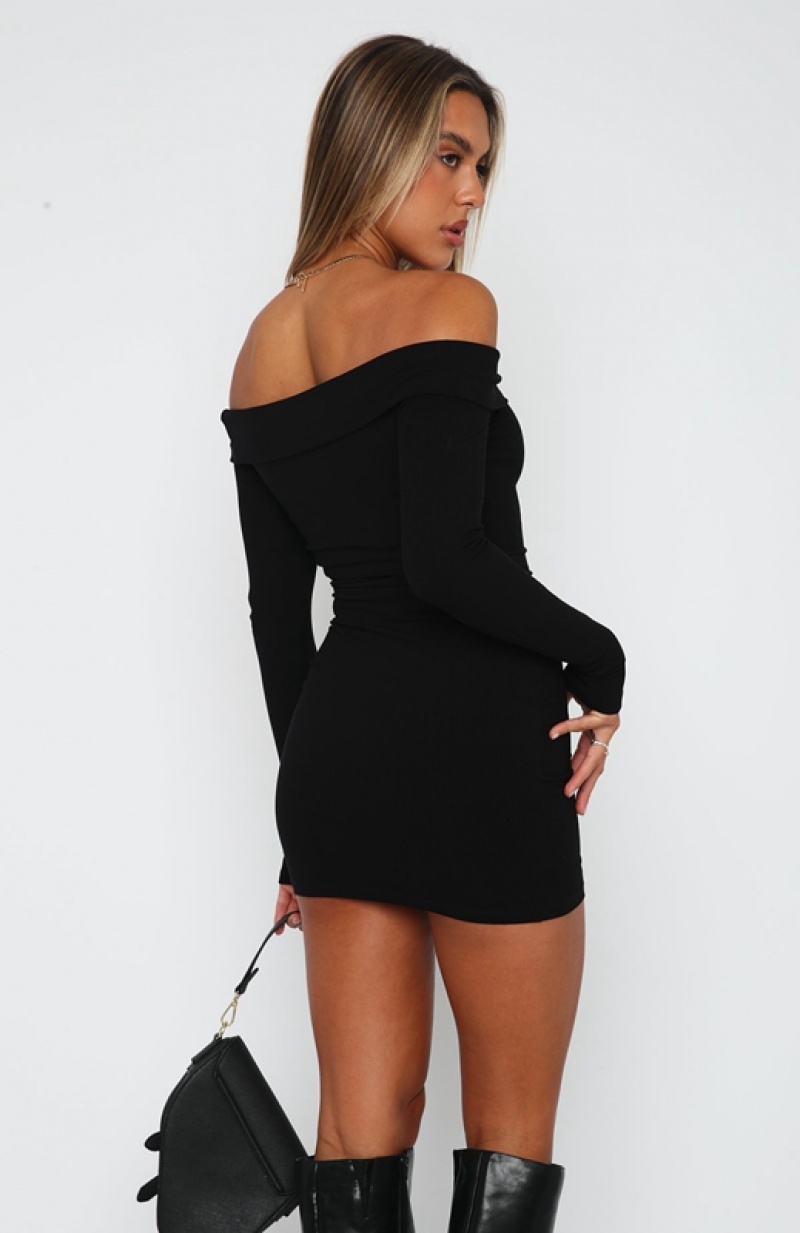 Women's White Fox Nice And Clear Long Sleeve Ribbed Mini Dress Black | OYXA-90375