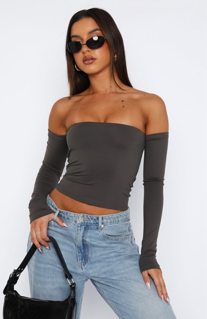 Women's White Fox No Wrong Moves Long Sleeve Crop Tops Grey | FHNC-58731