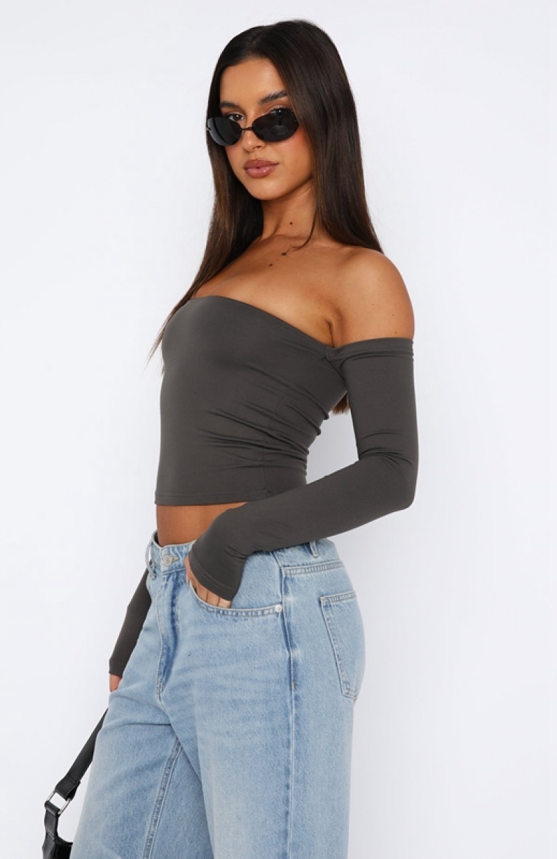 Women's White Fox No Wrong Moves Long Sleeve Crop Tops Grey | FHNC-58731