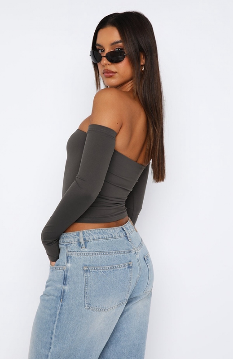 Women's White Fox No Wrong Moves Long Sleeve Crop Tops Grey | FHNC-58731