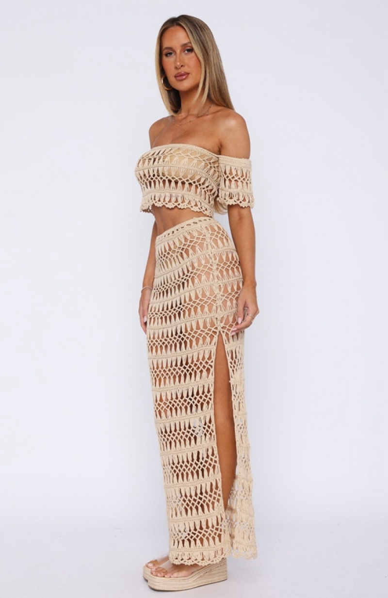 Women's White Fox On Island Time Crochet Maxi Skirts Cream | HVMF-29386