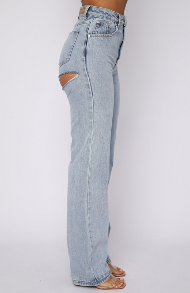 Women's White Fox On Replay High Rise Straight Leg Jeans Blue | MEDT-48365