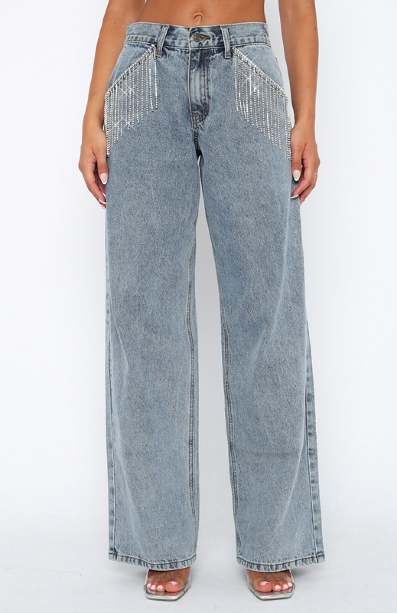 Women's White Fox Pass The Diamonds Mid Rise Wide Leg Jeans Blue | XGRB-69547