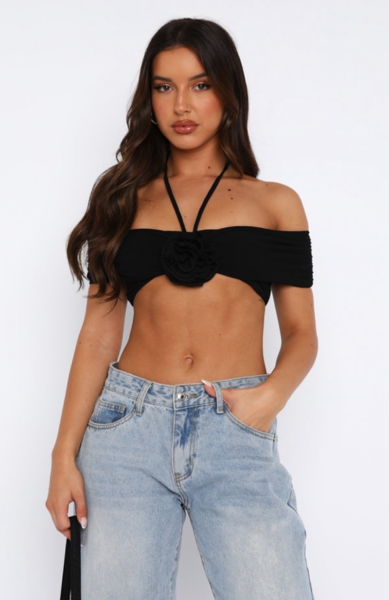 Women's White Fox Praise You Crop Tops Black | UIOW-09867