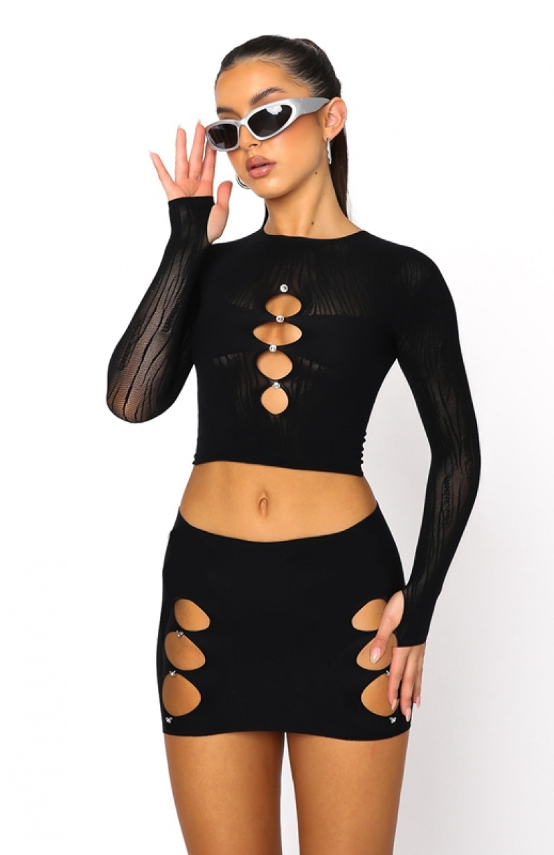 Women's White Fox Promise Me Long Sleeve Crop Tops Black | YBWH-86093