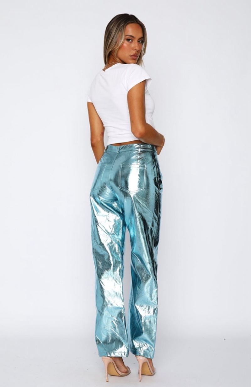 Women's White Fox Push The Button PU Pants Blue | FLBC-87041