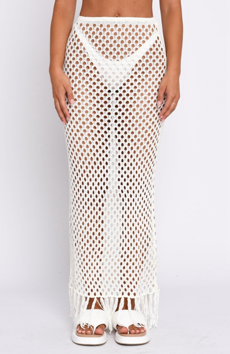 Women's White Fox See Me Now Crochet Maxi Skirts White | MOSP-12560