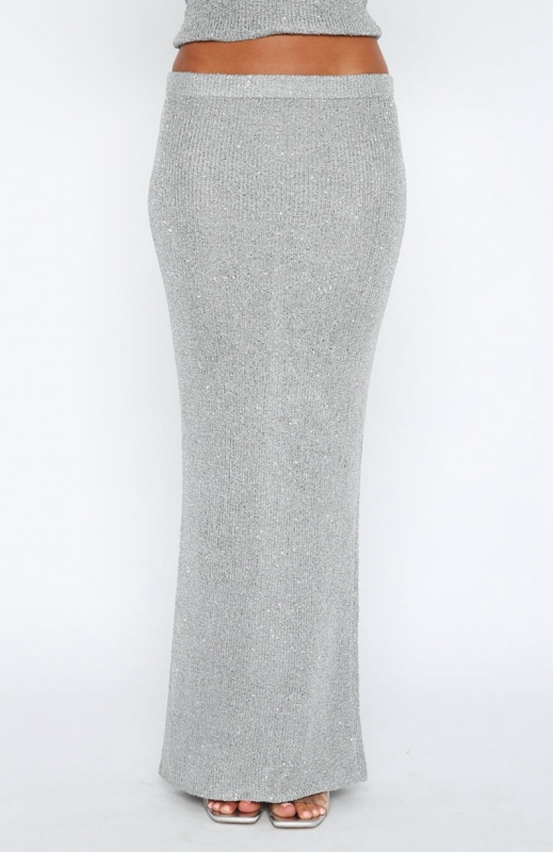 Women's White Fox Star Shining Sequin Knit Maxi Skirts Grey | JRNY-43752