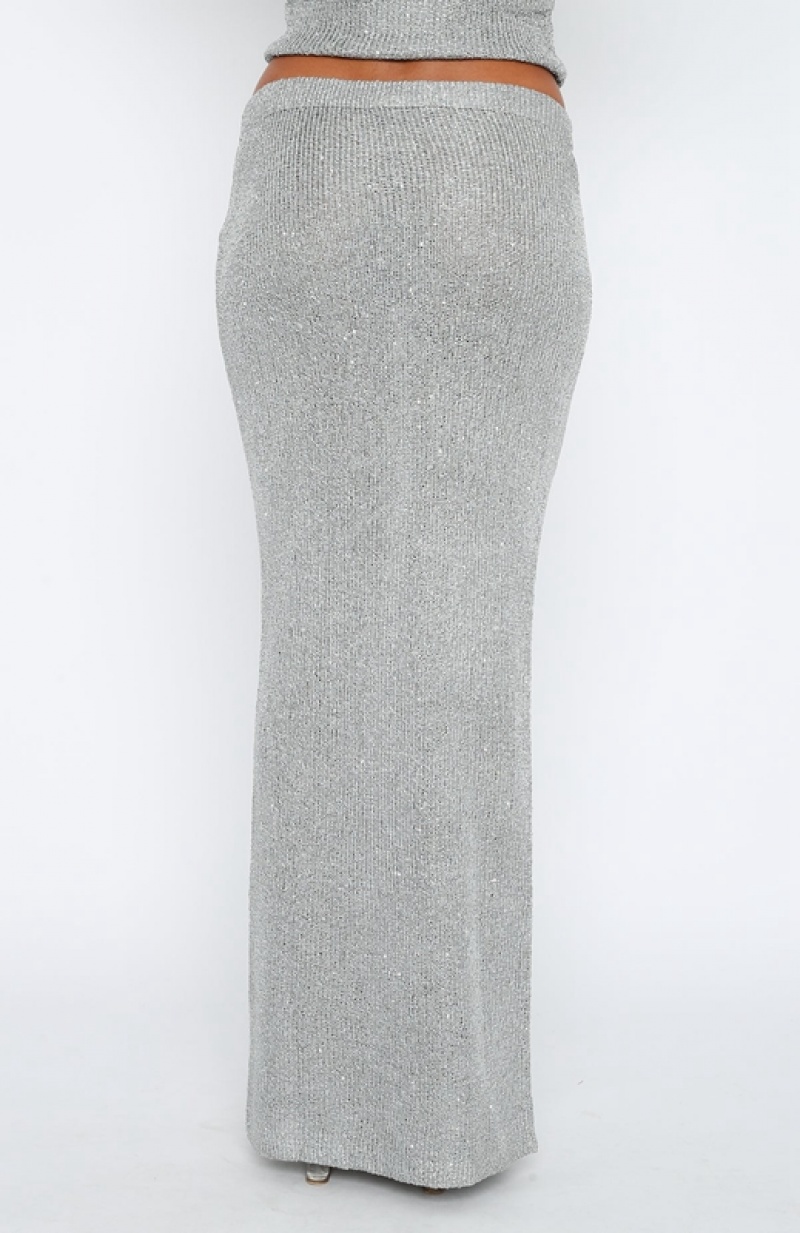 Women's White Fox Star Shining Sequin Knit Maxi Skirts Grey | JRNY-43752