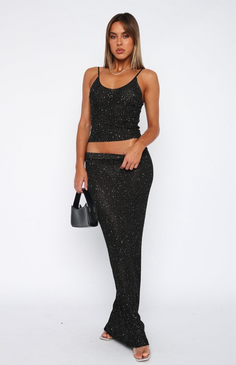 Women's White Fox Star Shining Sequin Knit Maxi Skirts Black | QCMS-57613