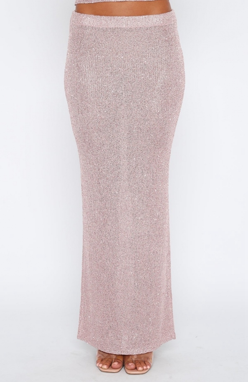 Women's White Fox Star Shining Sequin Knit Maxi Skirts Pink | KUFH-67412