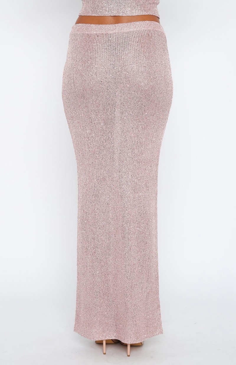 Women's White Fox Star Shining Sequin Knit Maxi Skirts Pink | KUFH-67412