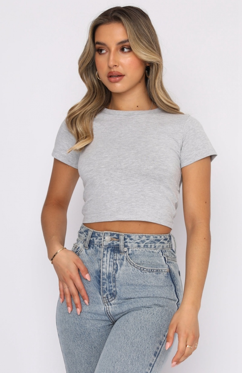 Women's White Fox Switching Sides Crop T Shirts Grey | TURY-30786