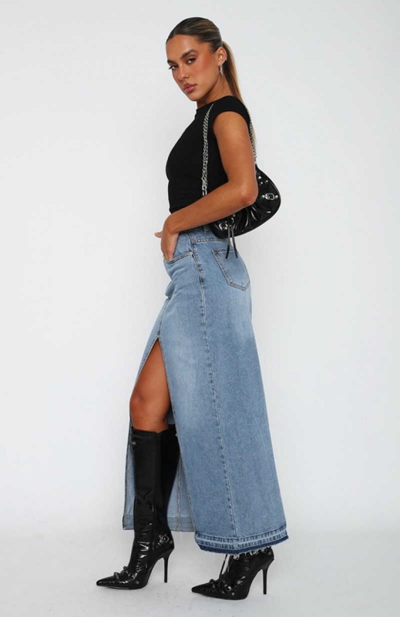 Women's White Fox Take My Picture Denim Maxi Skirts Blue Wash | HETW-92478