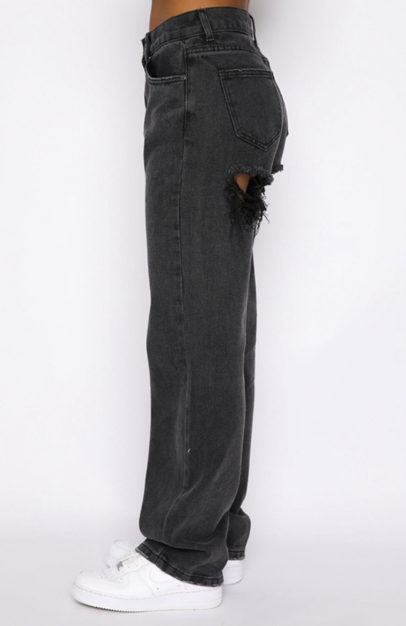 Women's White Fox Taking A Trip Mid Rise Straight Leg Jeans Black | DSFH-85160