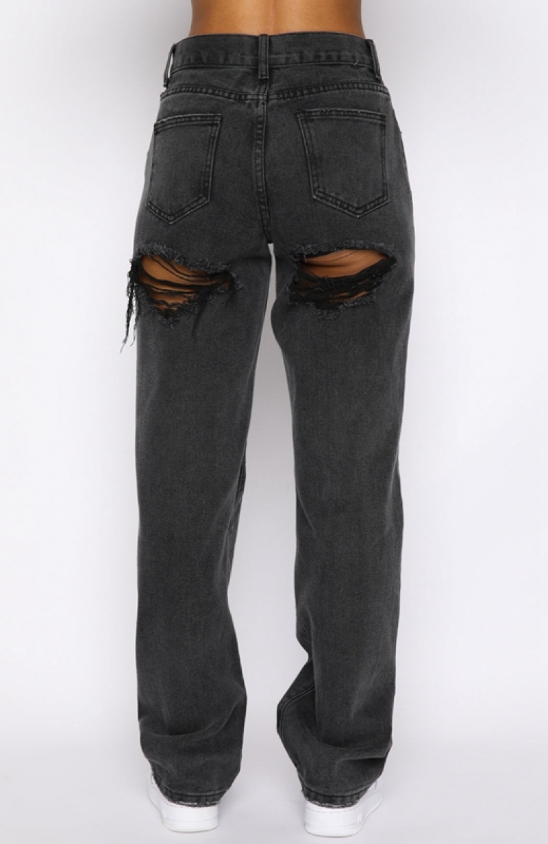 Women's White Fox Taking A Trip Mid Rise Straight Leg Jeans Black | DSFH-85160